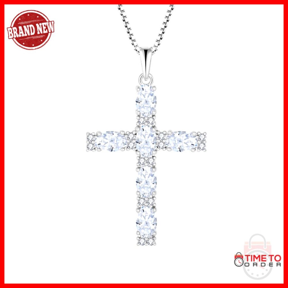 Sterling Silver Cross Pendant Necklace Oval Birthstone Religious Jewelry Gift